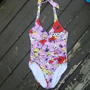 Land's End floral halter ruched one piece swimsuit size 2